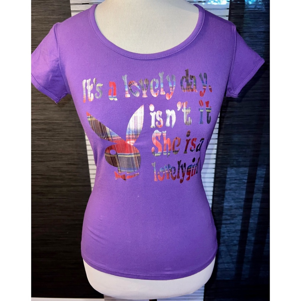 New One of kind sexy purple playboy T-shirt with bows in back, Small, $55
